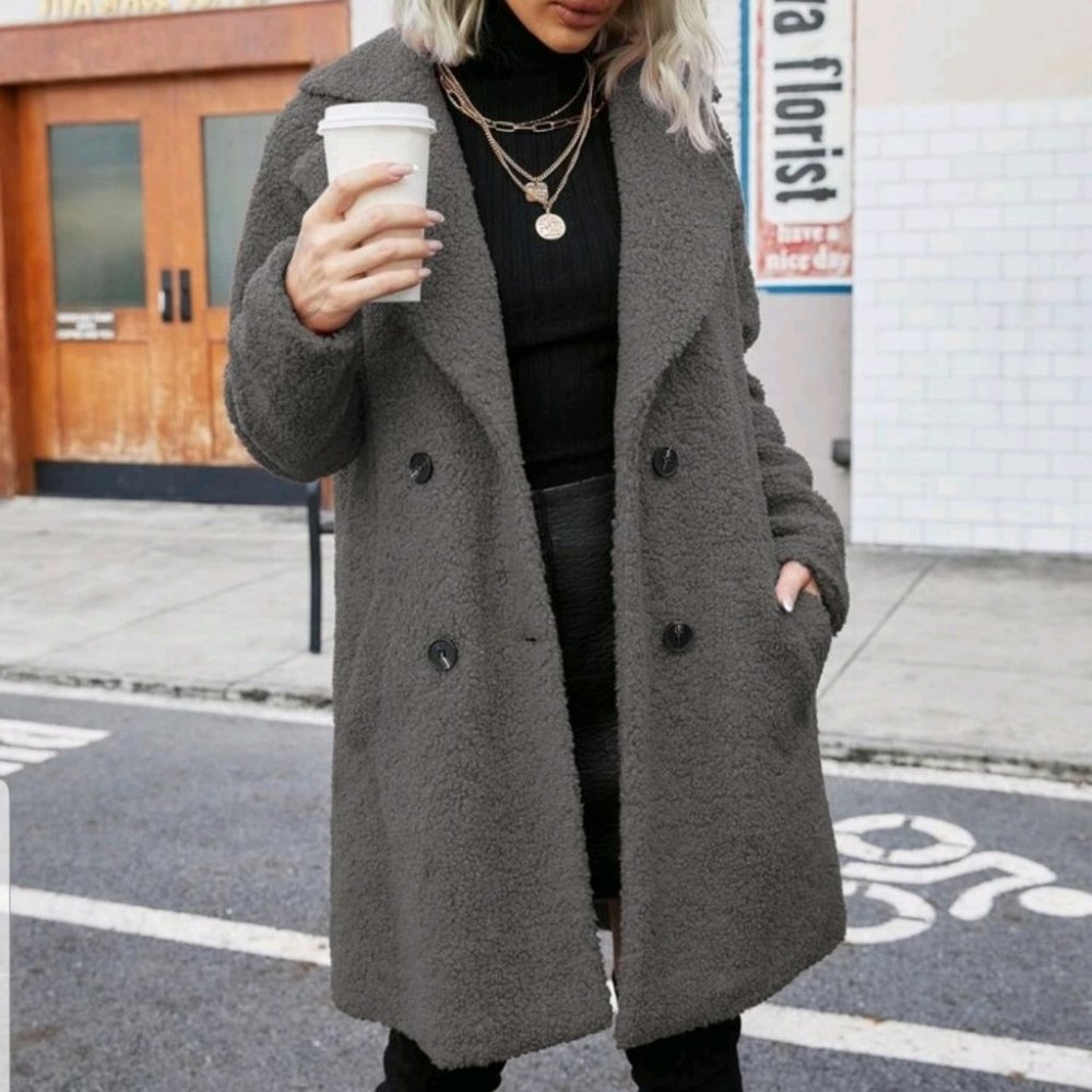Gray Faux fur teddy pea coat contemporary - Picture 4 of 6